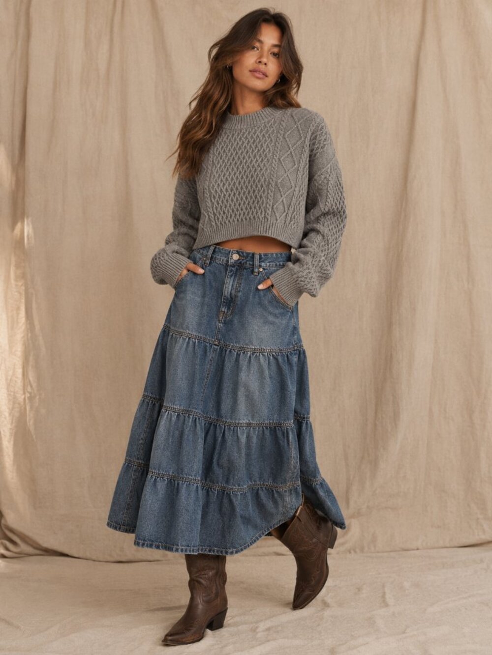 Cropped Sweater Women's Medium Wool Blend Gray Long Sleeve Cable Knit